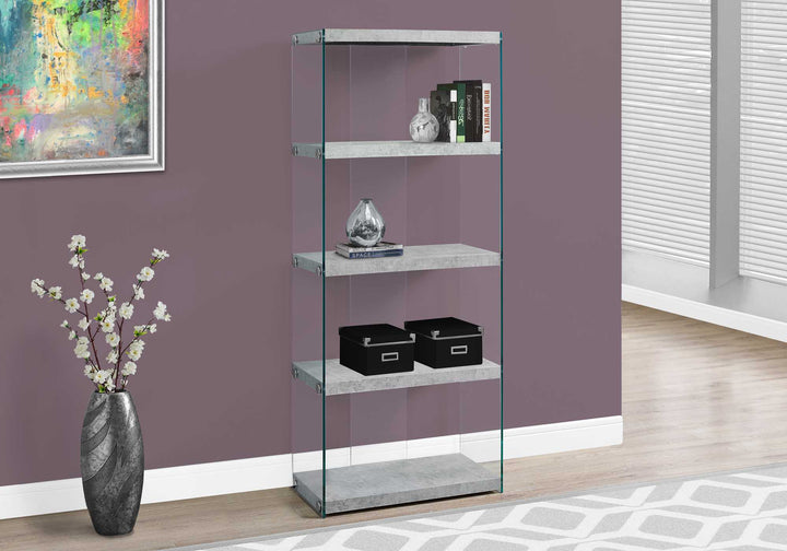 60" Grey Cement Particle Board And Clear Tempered Glass Bookcase