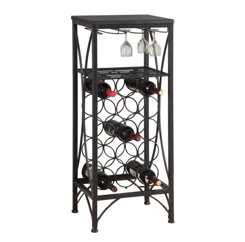 12.5" X 16.25" X 40.5" Black Metal Wine Bottle And Glass Rack Home Bar