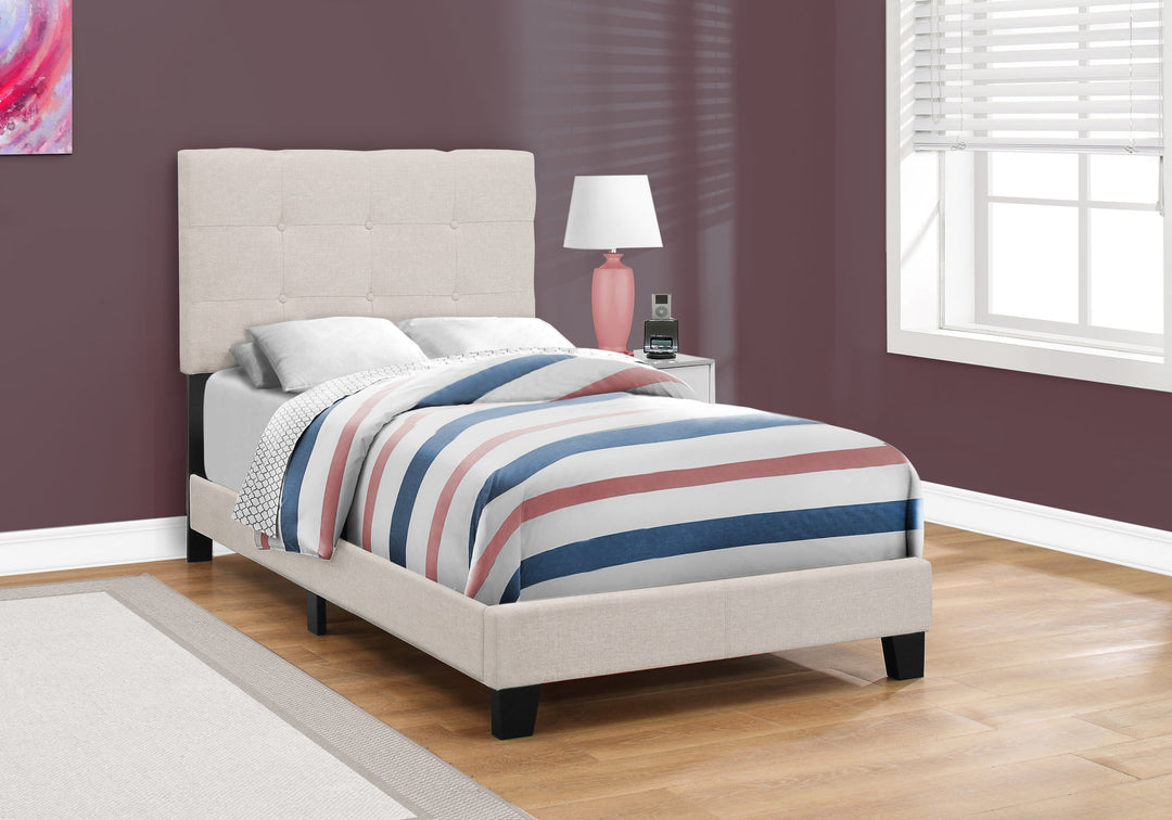 45.75" Beige Solid Wood Mdf Foam And Linen Twin Size Bed