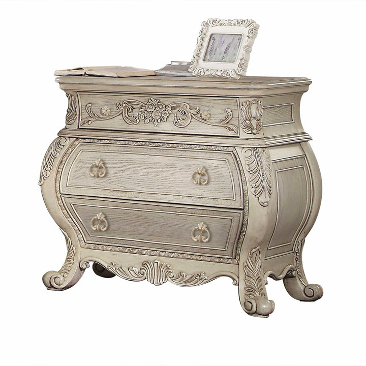 34" Antiqued White Three Drawers Solid Wood Nightstand