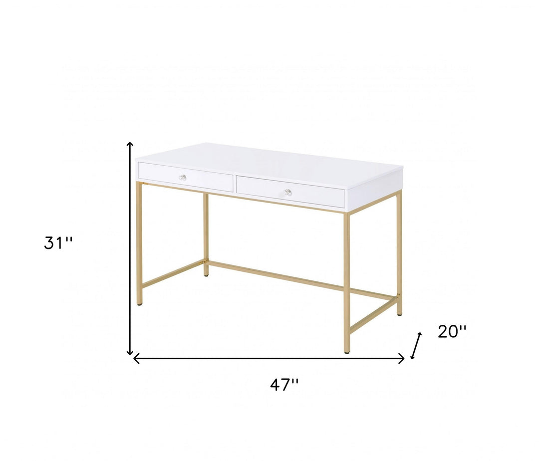 47" White And Gold Mirrored Computer Desk With Two Drawers