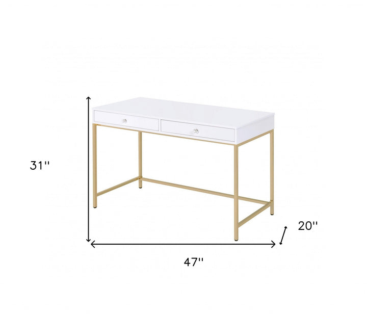 47" White And Gold Mirrored Computer Desk With Two Drawers