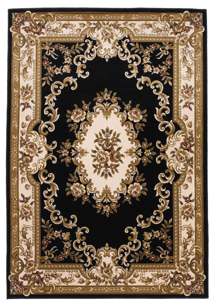 10'X13' Black Ivory Machine Woven Hand Carved Floral Medallion Indoor Area Rug