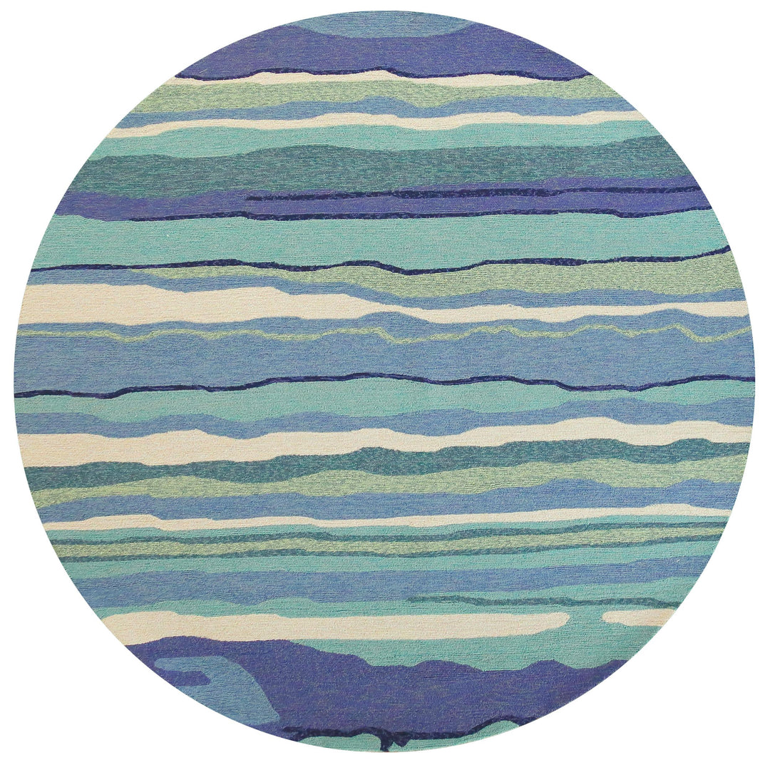 8' Ocean Blue Hand Hooked Uv Treated Abstract Waves Round Indoor Outdoor Area Rug