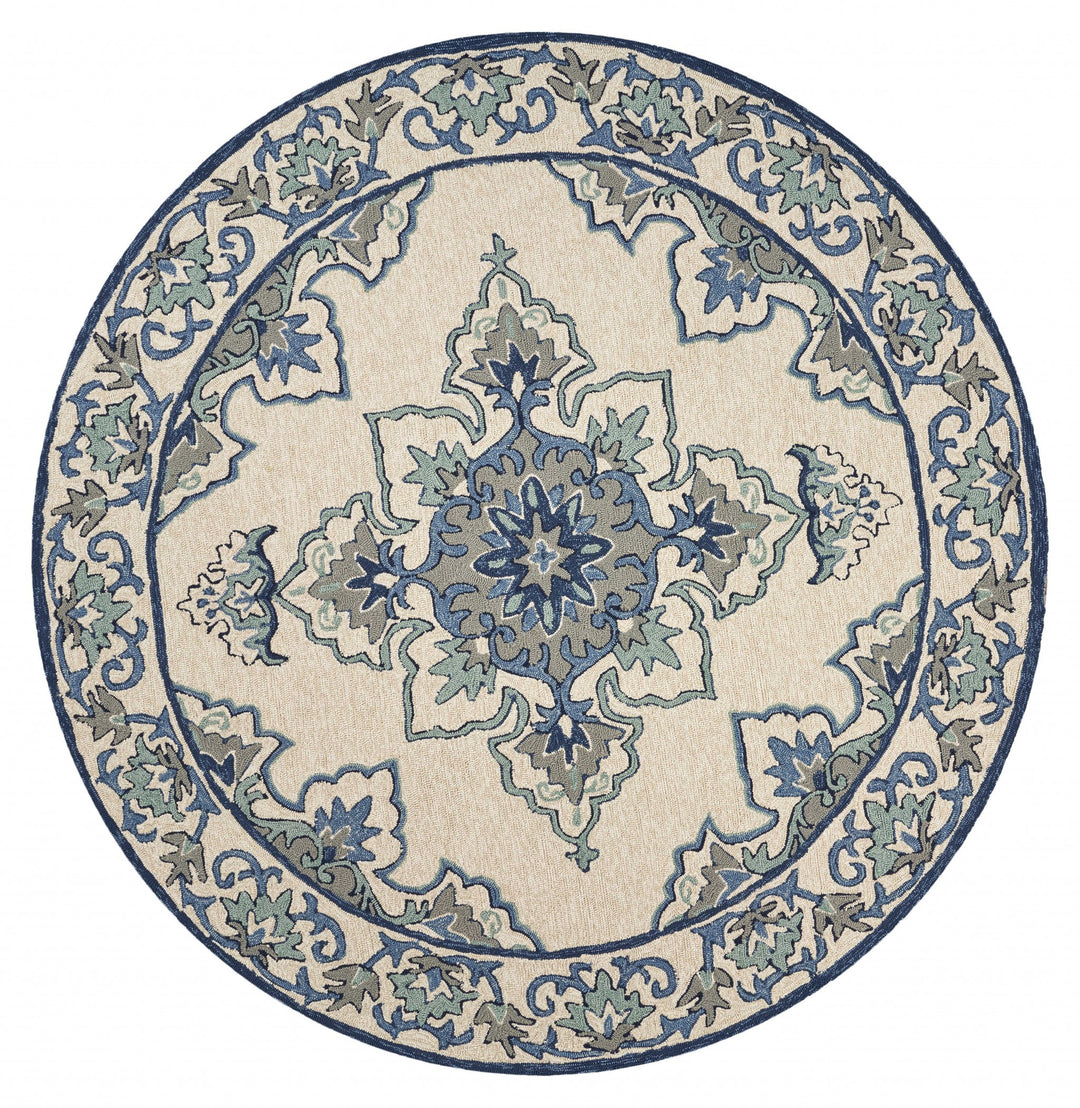 8' Ivory Blue Hand Hooked Uv Treated Floral Medallion Round Indoor Outdoor Area Rug