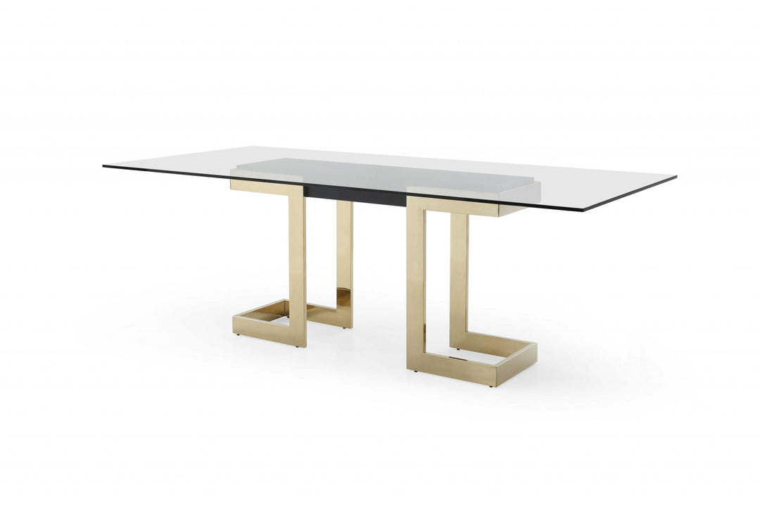 87 X 39 X 30 Polished Gold Glass Stainless Steel Dining Table