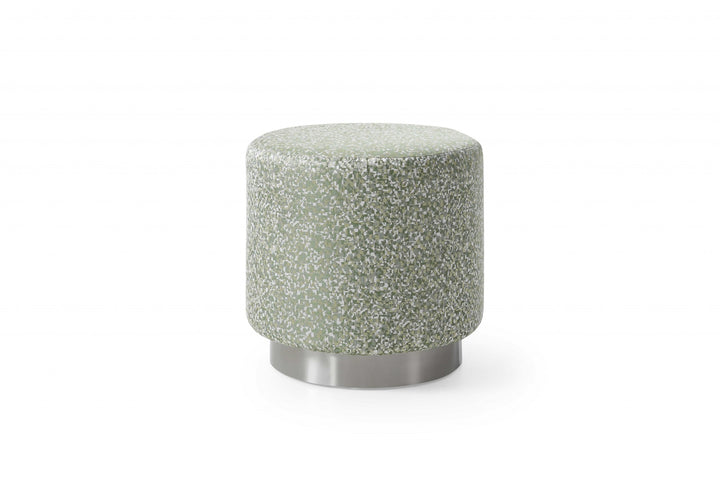 19" Green Linen And Silver Round Footstool Ottoman