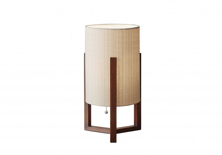 Walnut Wood Finish Cylindrical Linen Shade Table Lamp