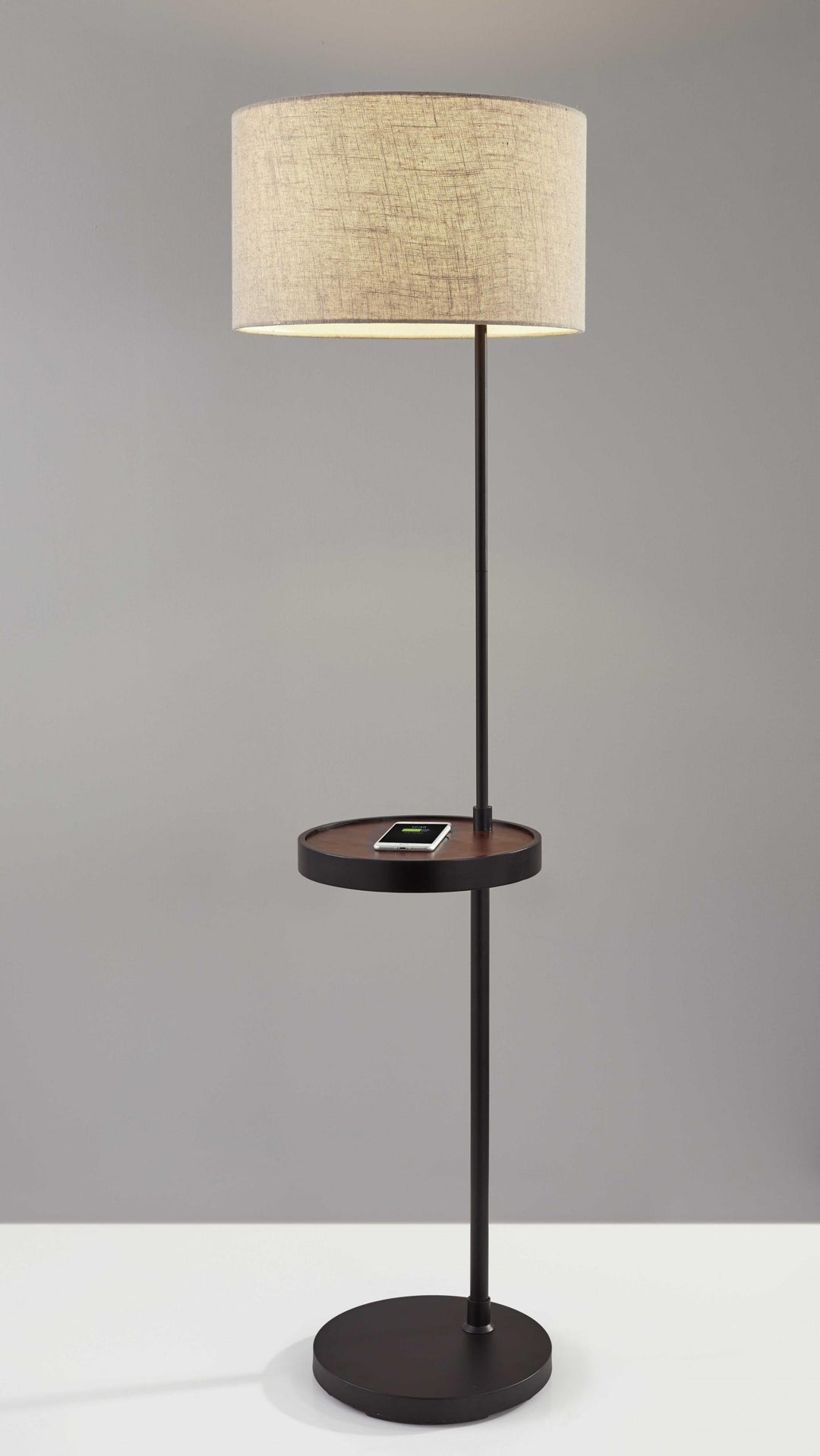 64" Black Tray Table Floor Lamp With Beige Drum Shade