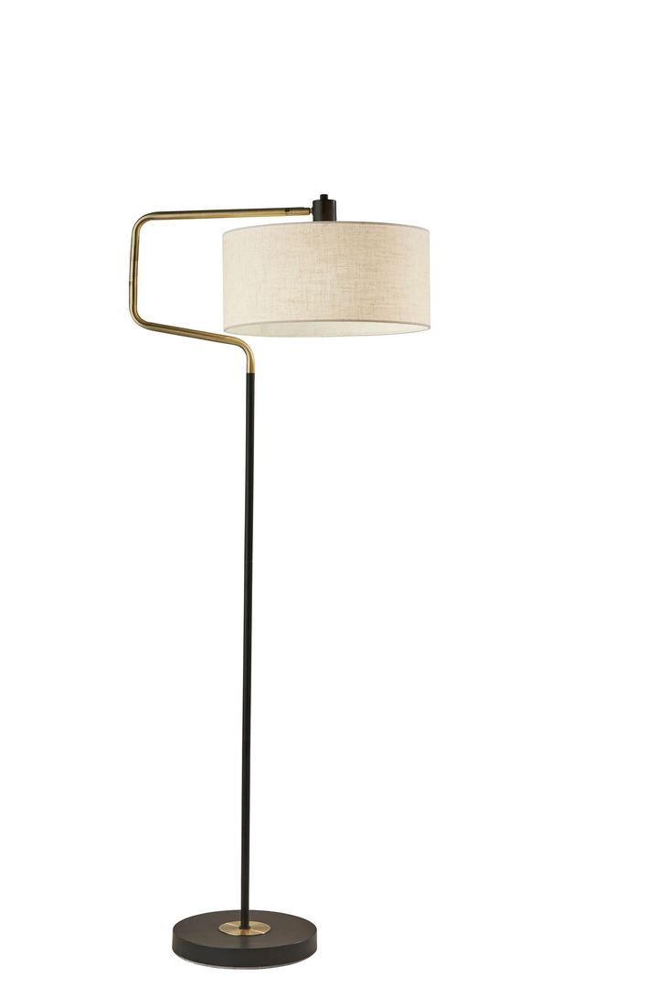 57" Black Swing Arm Floor Lamp With White Drum Shade