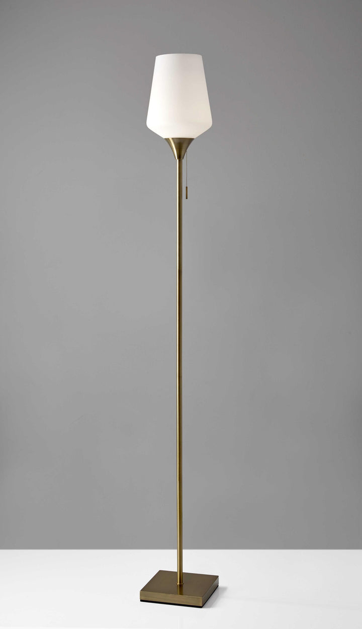 Brass Metal Floor Lamp With White Opal Wine Glass Shade