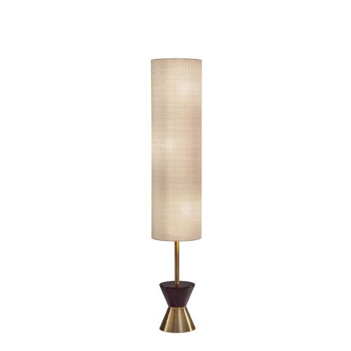 59" Brass And Wood Textured Cylinder Beige Floor Lamp