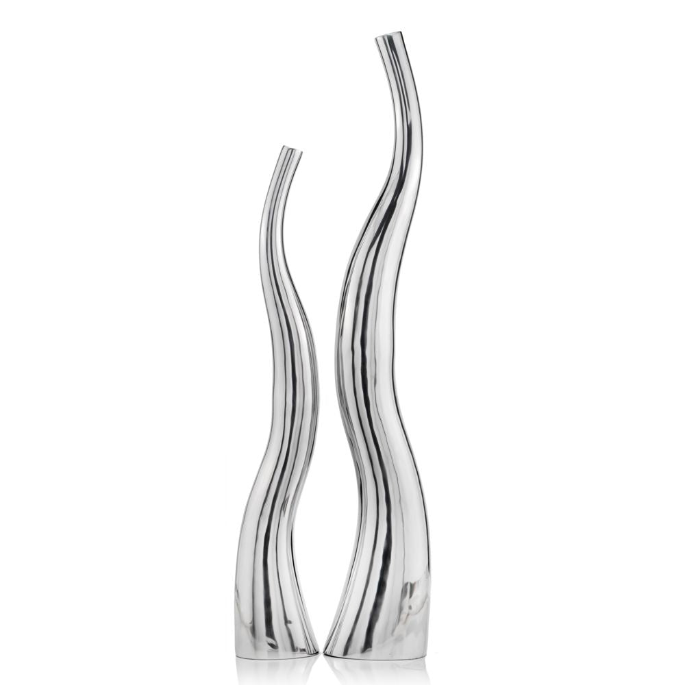 Set Of 2 Modern Tall Silver Squiggly Floor Vases