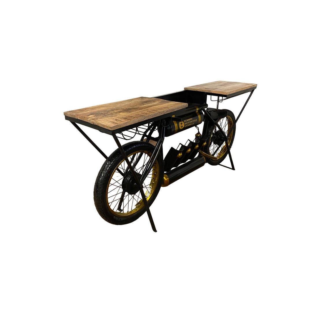 Black And Gold Metal Mango Wood Bike Bar Counter