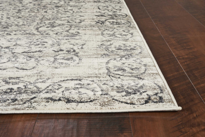 10'X13' Ivory Grey Machine Woven Distressed Floral Traditional Indoor Area Rug