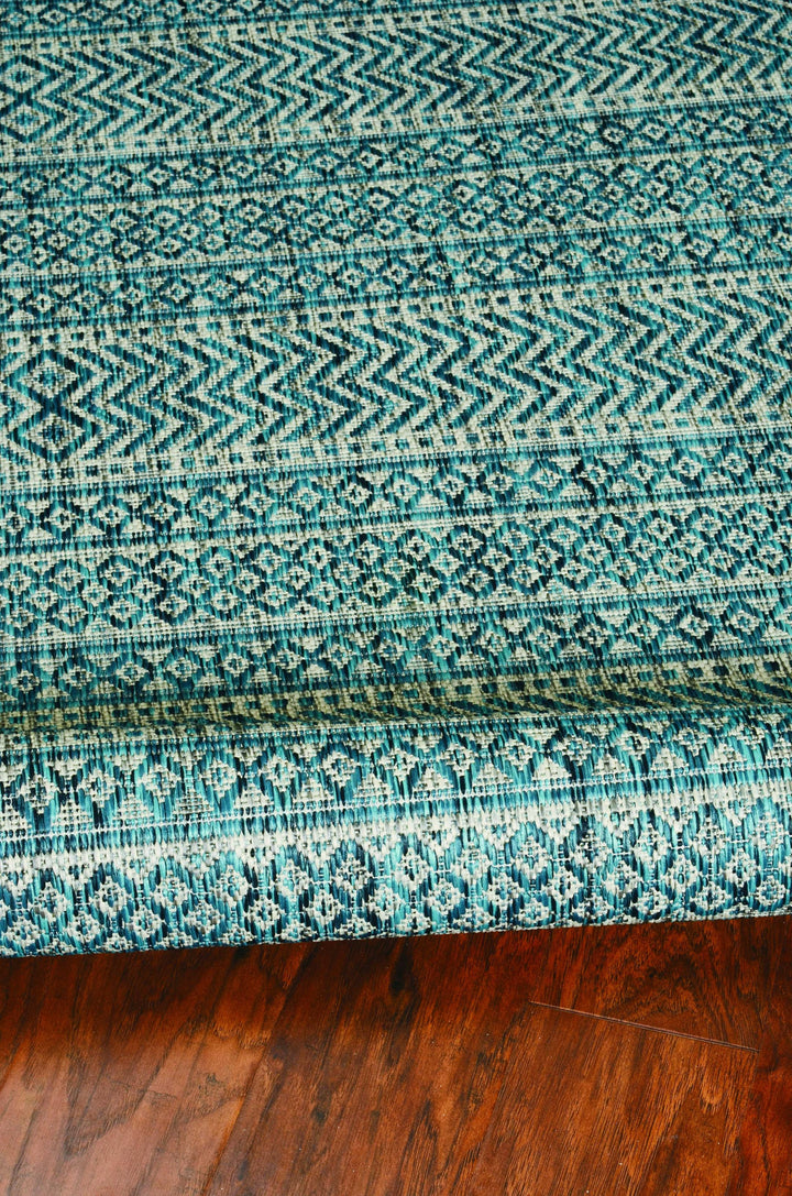 5'X7' Teal Machine Woven Uv Treated Tribal Indoor Outdoor Area Rug