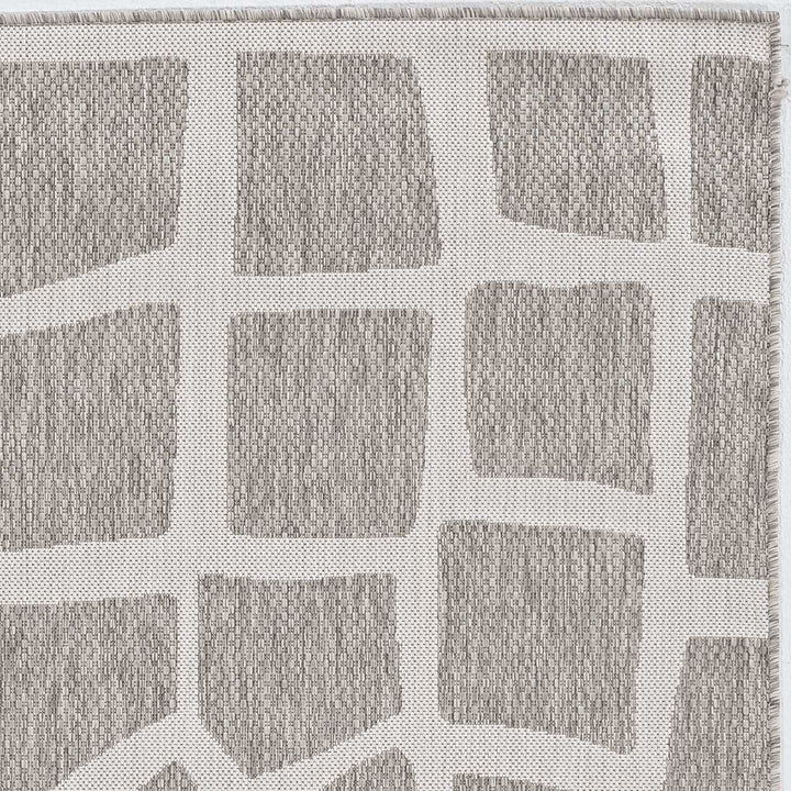 8' Round Ivory Or Grey Abstract Tiles Indoor Outdoor Area Rug