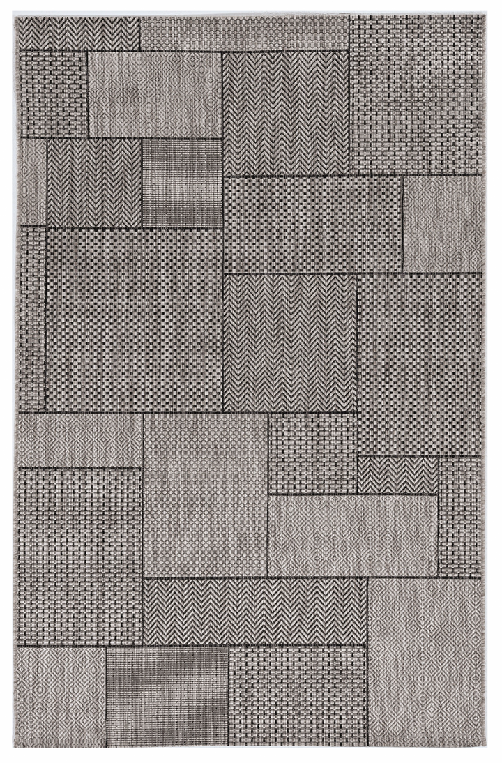 3'X5' Grey Machine Woven Uv Treated Geometric Blocks Indoor Outdoor Area Rug