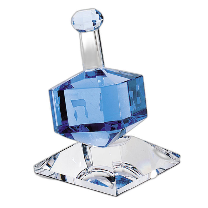 3 Mouth Blown Blue Dreidel On Crystal Stand