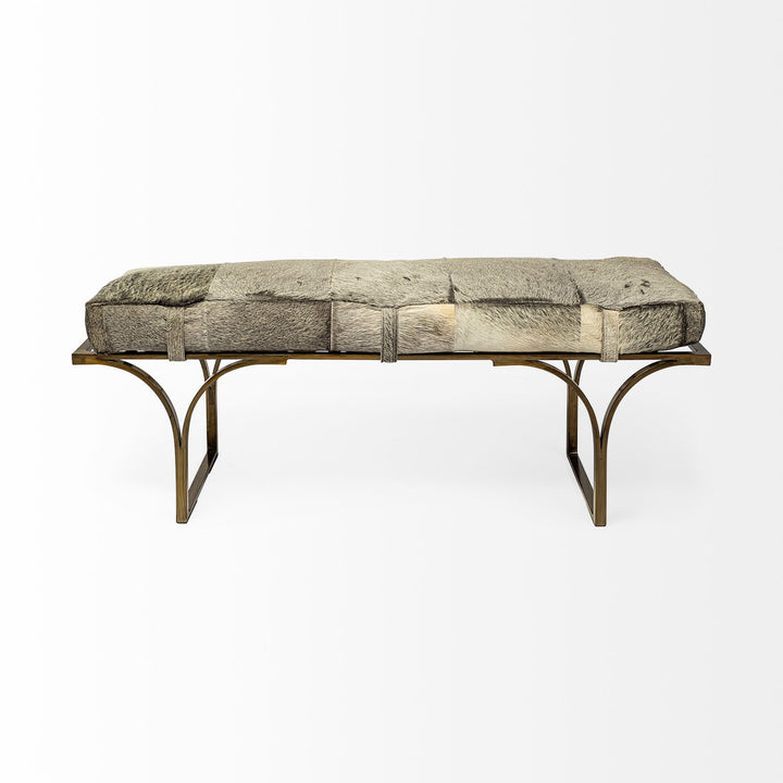 16" Gray And Antiqued Brass Upholstered Faux Fur Bench