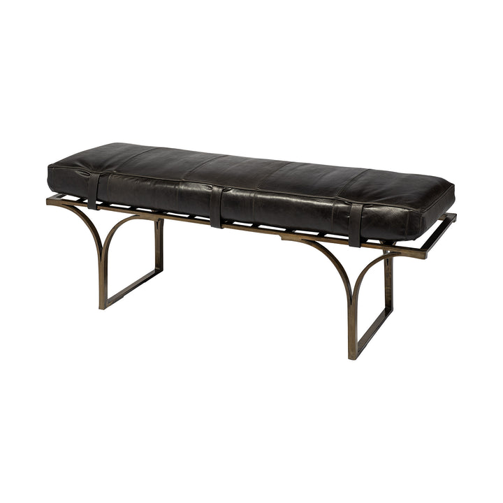 16" Black And Antiqued Brass Upholstered Genuine Leather Bench