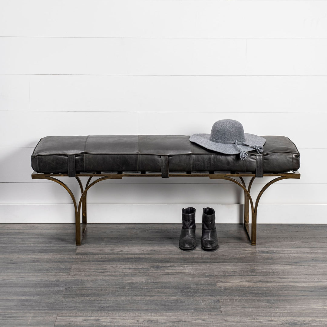 16" Black And Antiqued Brass Upholstered Genuine Leather Bench