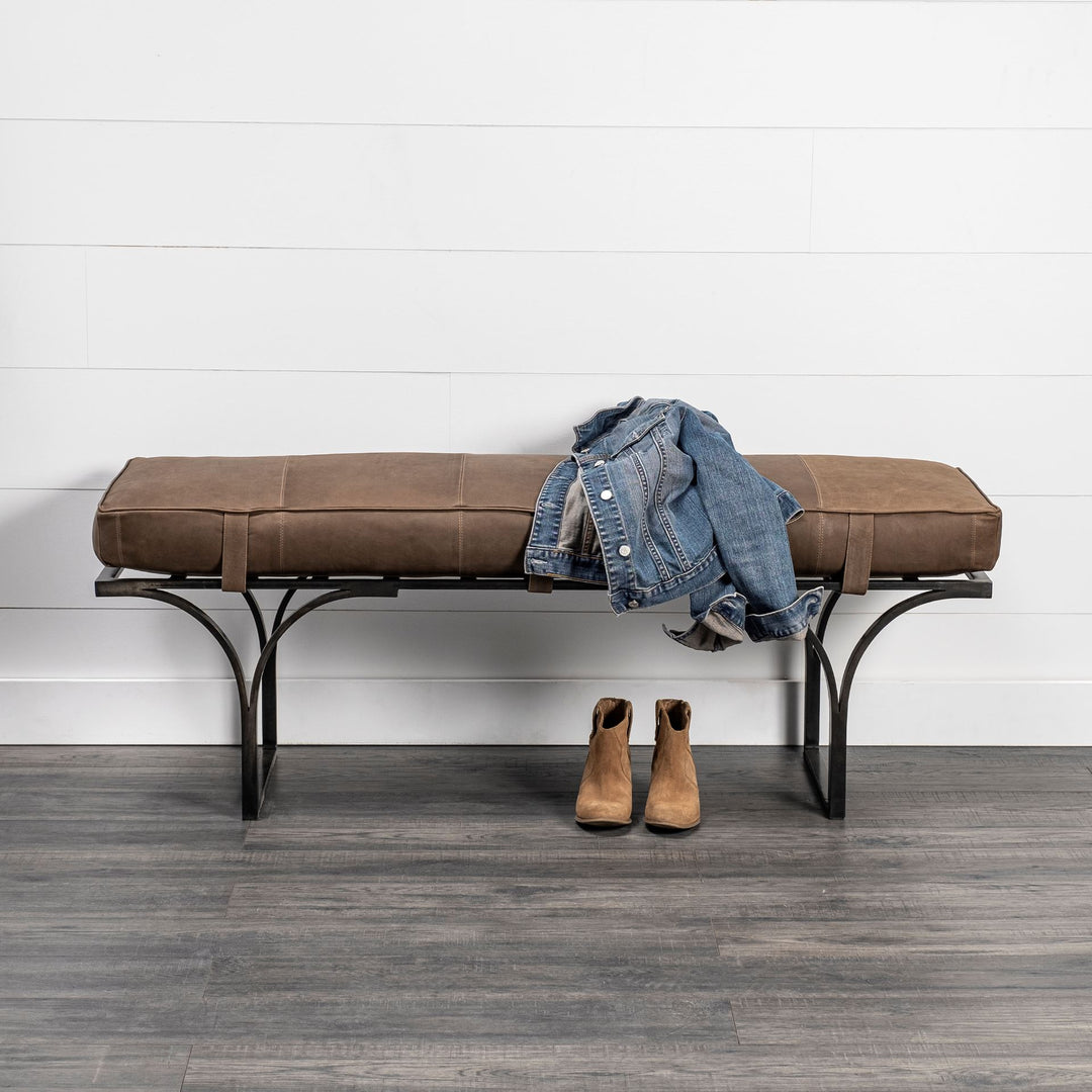 Rectangular Metalmatte-Black Antiqued Brown Genuine Leather Seat Accent Bench