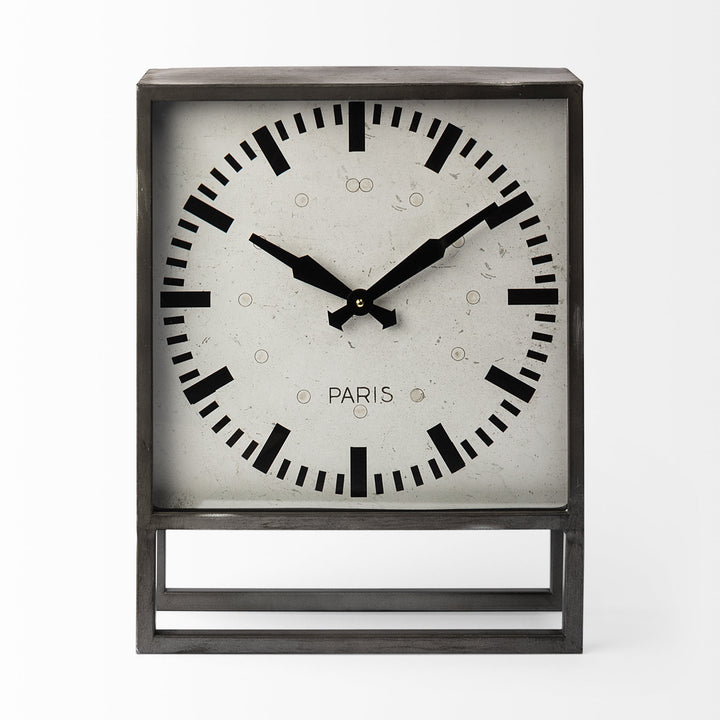 Square Gray Metal Desk Table Clock With Simple White And Black Face