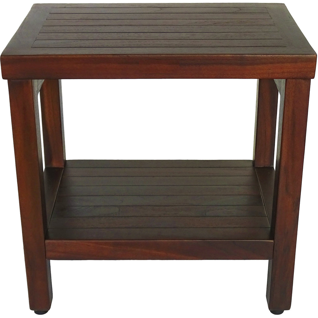 Compact Rectangular Teak Shower Or Outdoor Bench With Shelf In Brown Finish