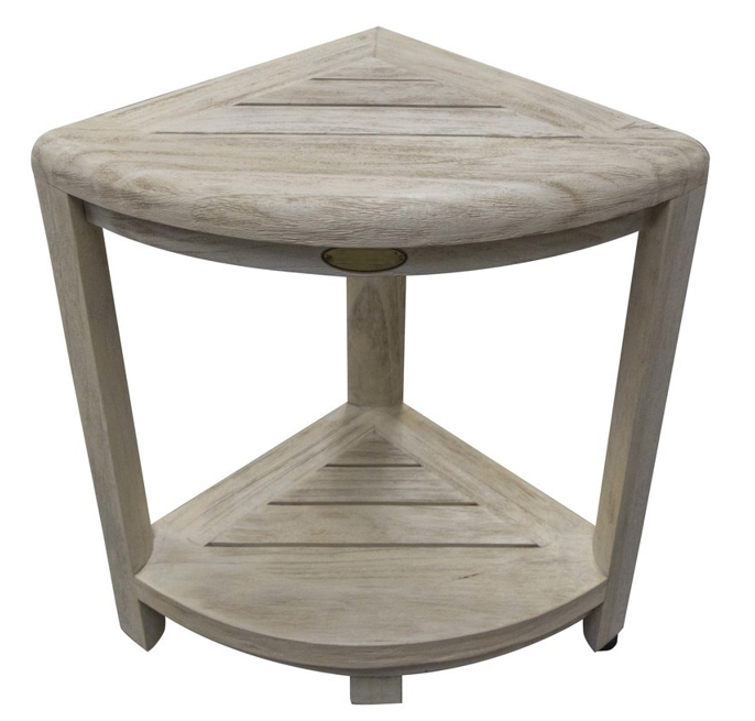 Compact Teak Corner Shower Stool With Shelf In Whitewash Driftwood