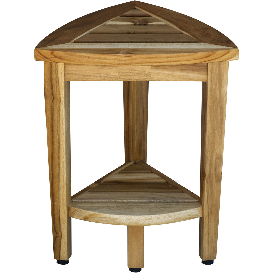 Compact Teak Corner Shower Or Outdoor Bench With Shelf In Natural Finish