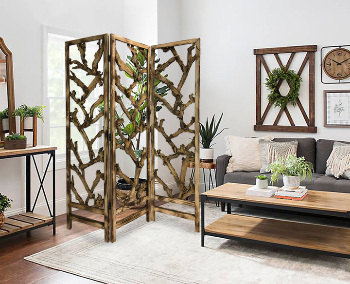 Rustic Earthy Wood Root Three Panel Room Divider Screen