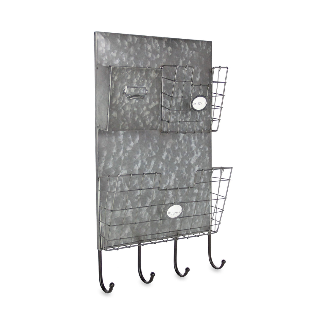 Gray Metal Organizer With 3 Storage Pockets And 4 Bottom Hooks