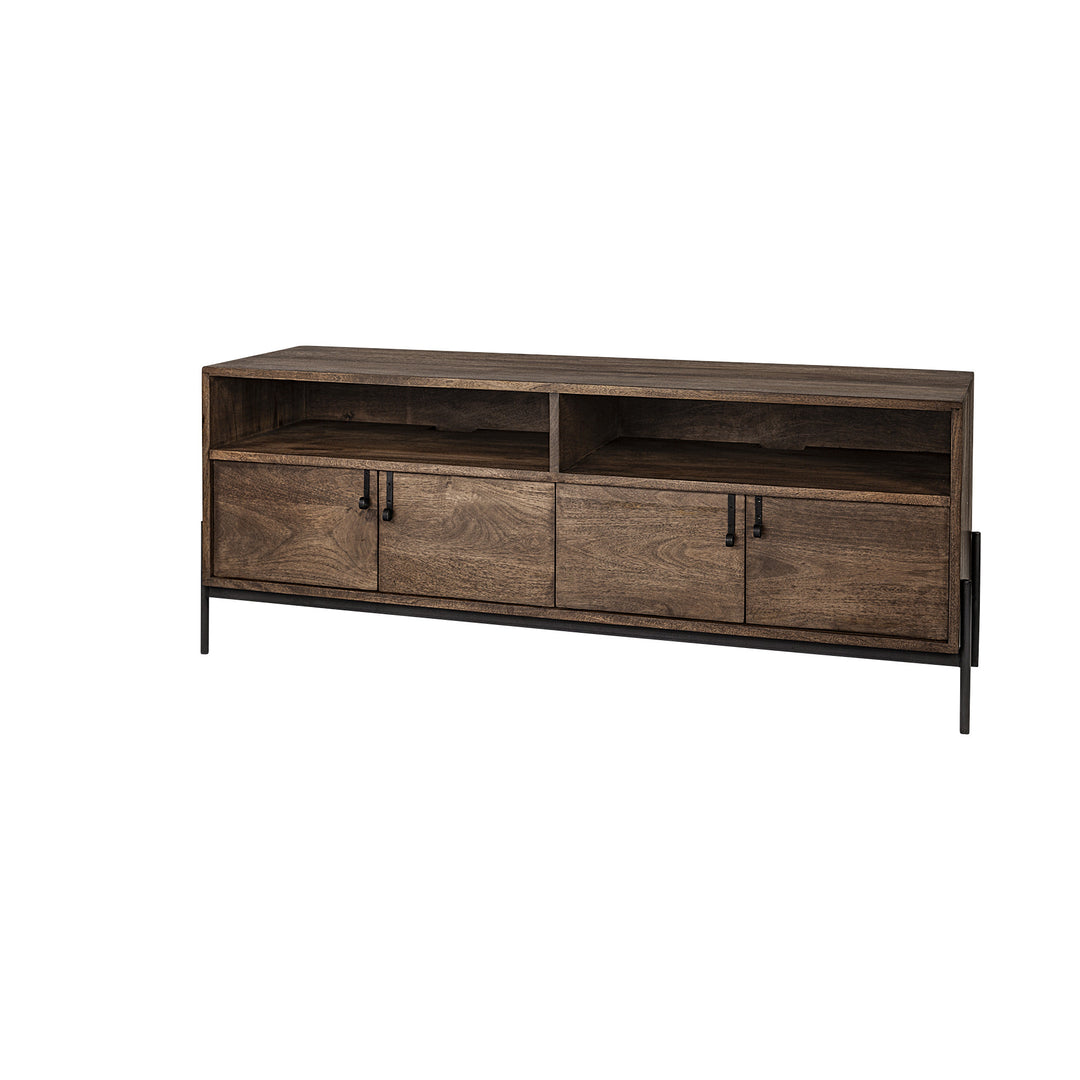 Medium Brown Mango Wood Finish TV Stand Media Console With 4 Doors And 2 Open Shelves