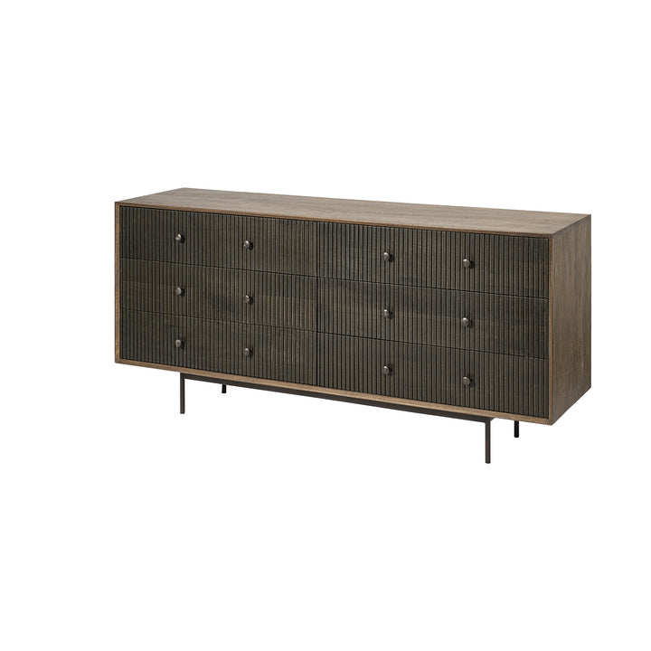 Medium Brown Solid Mango Wood Finish Sideboard With 6 Easy Sliding Drawers