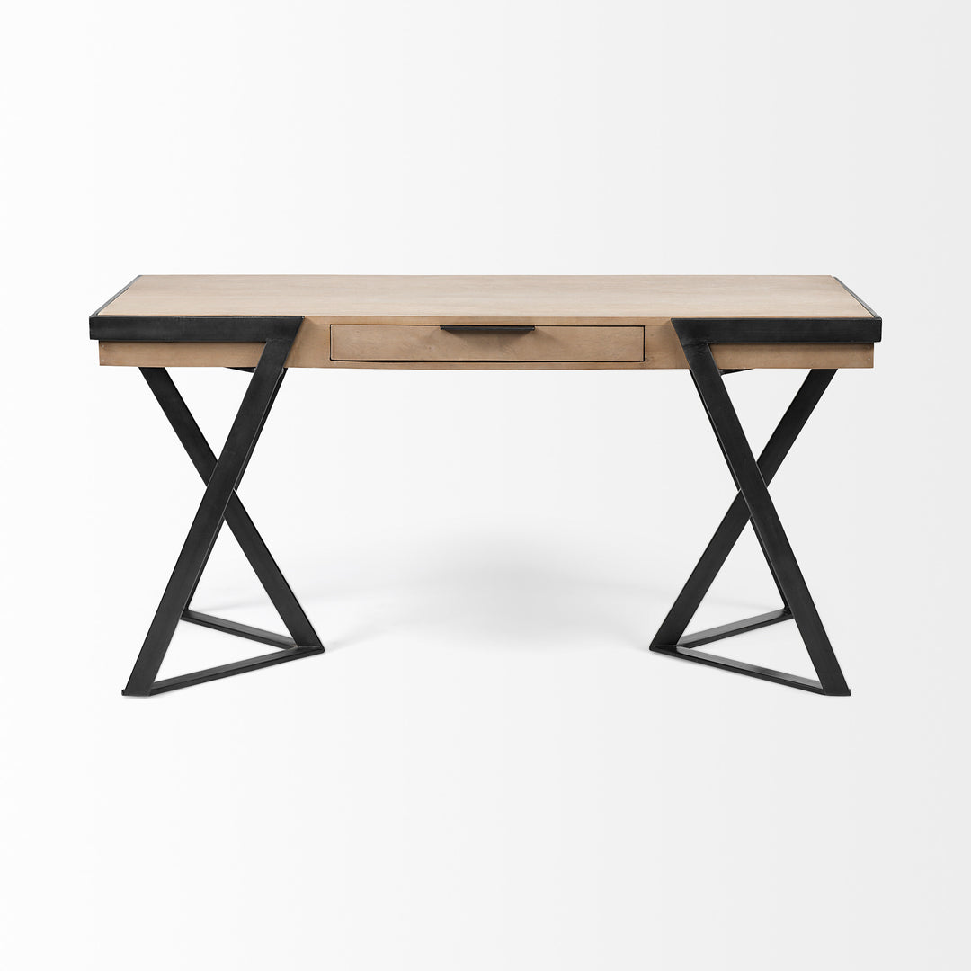 Solid Mango Wood Finish Writing Desk With Single Storage And Black Triangular Iron Legs