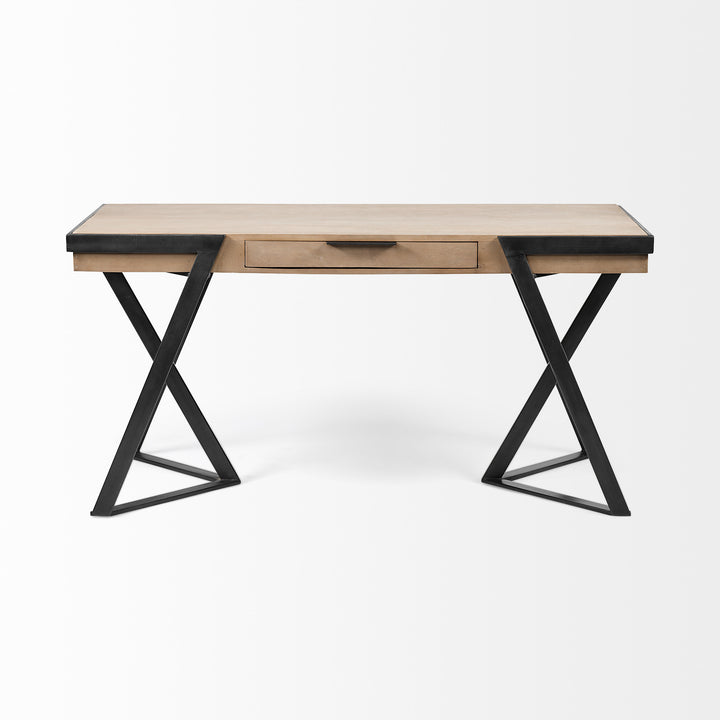 Solid Mango Wood Finish Writing Desk With Single Storage And Black Triangular Iron Legs