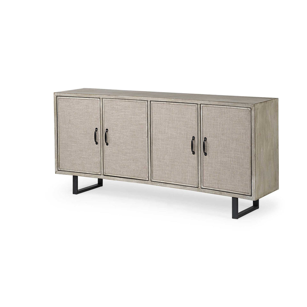 Light Brown Solid Wood Sideboard With 4 Fabric Covered Cabinet Doors