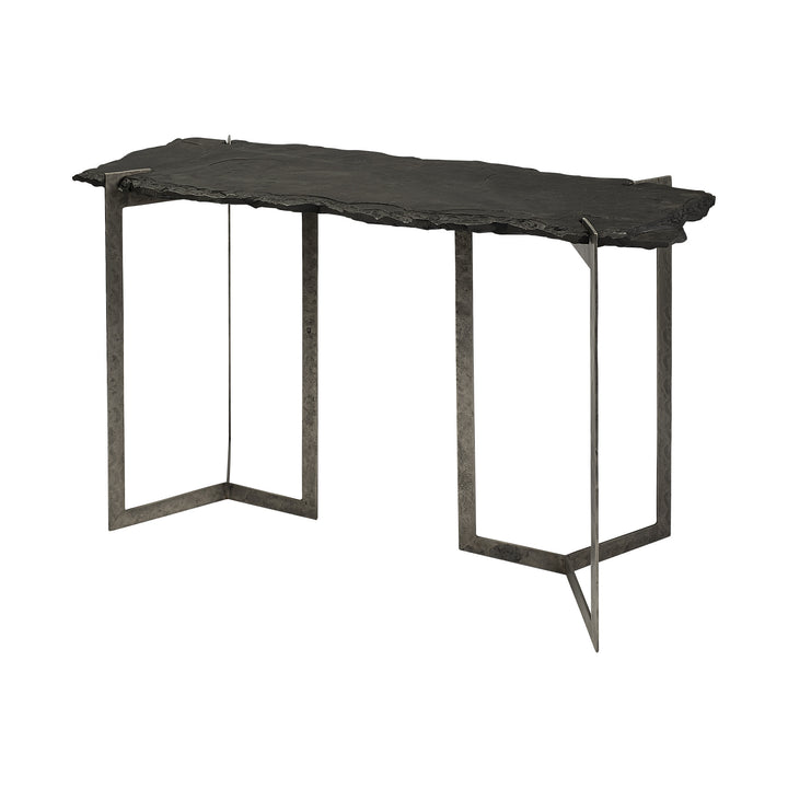 Rectangular Black Live Edge Slate Console Table With Double Pedestal Base