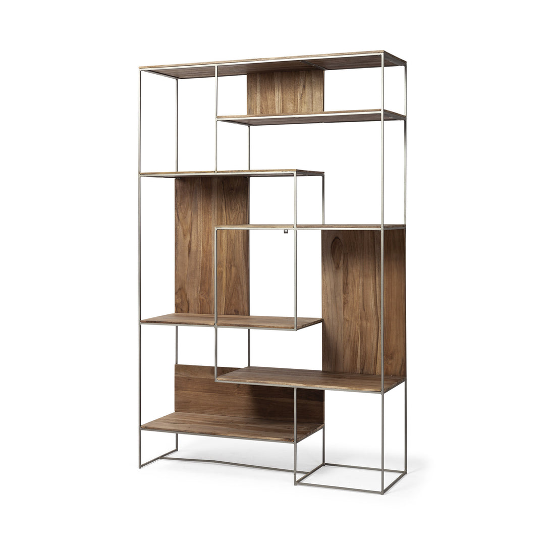 Brown Wood And Silver Metal Frame With 6 Shelf Shelving Unit