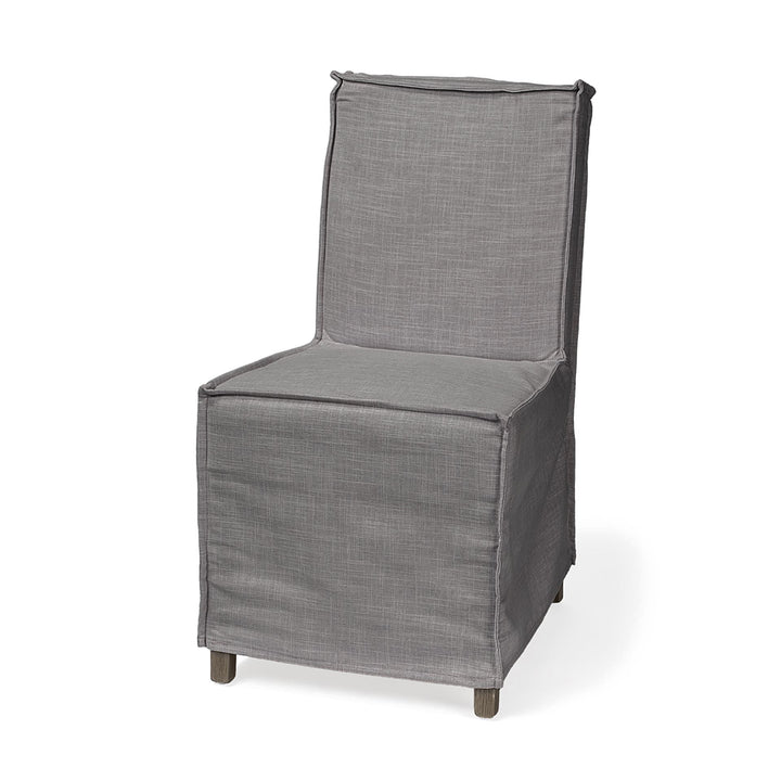 Grey Fabric Slip Cover With Brown Wooden Base Dining Chair