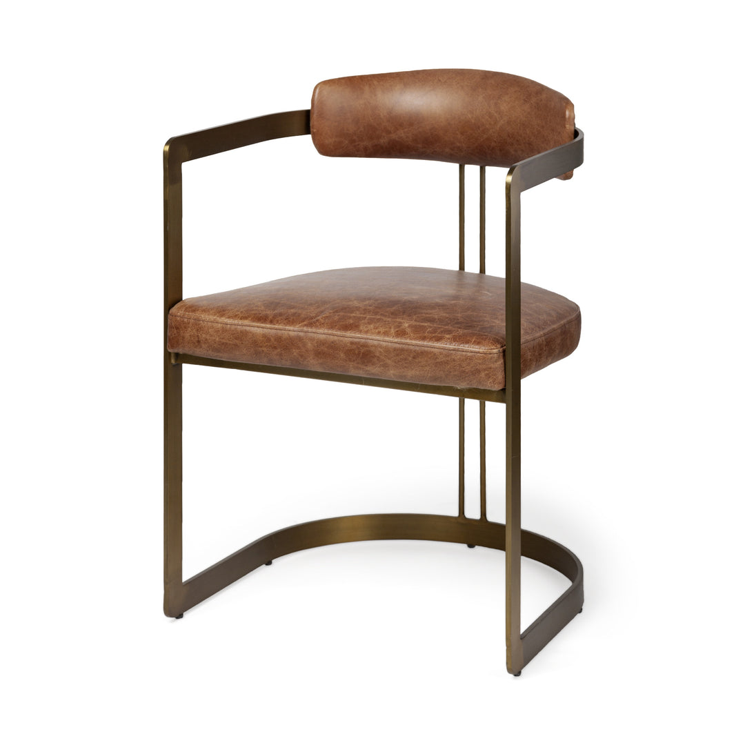 Brown Leather Seat With Gold Iron Frame Dining Chair