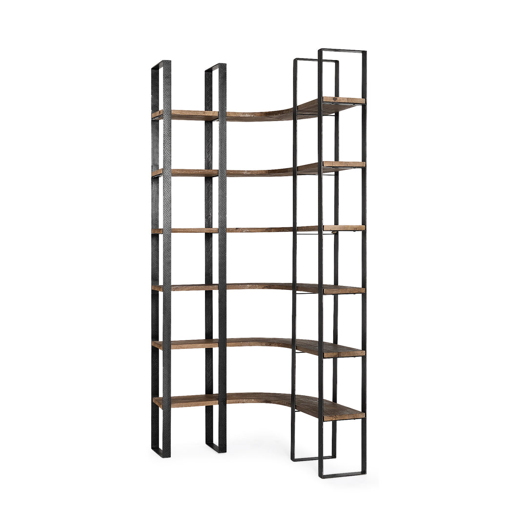 Curved Dark Brown Wood And Black Iron 6 Shelving Unit