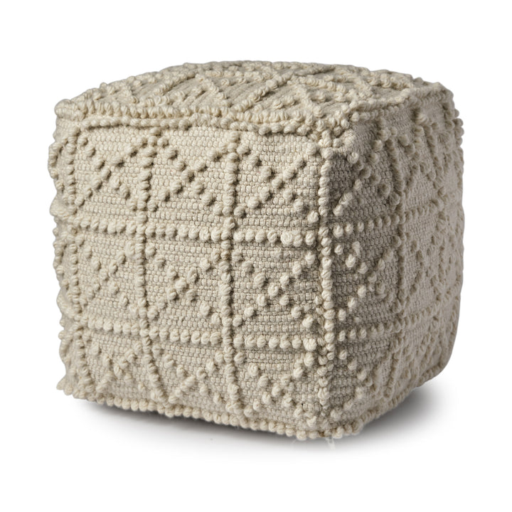 Ivory Wool Sqaure Pouf With Popcorn Detail