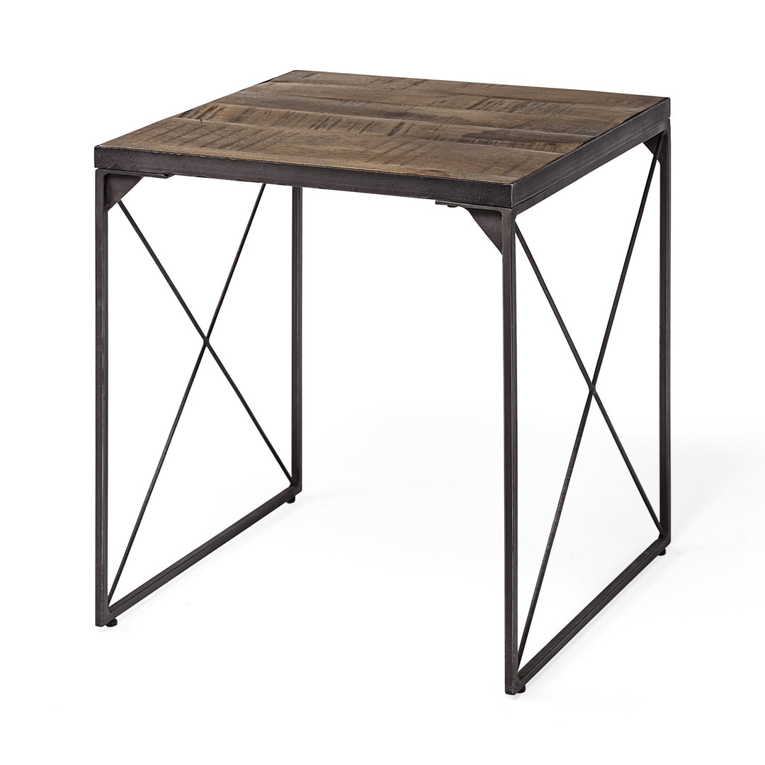 Medium Brown Wood Side Table With Square Top And Iron Cross Braced