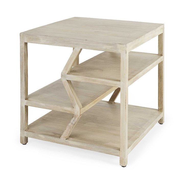 Light Brown Wooden Square Top Side Table With Multi-Level Shelf