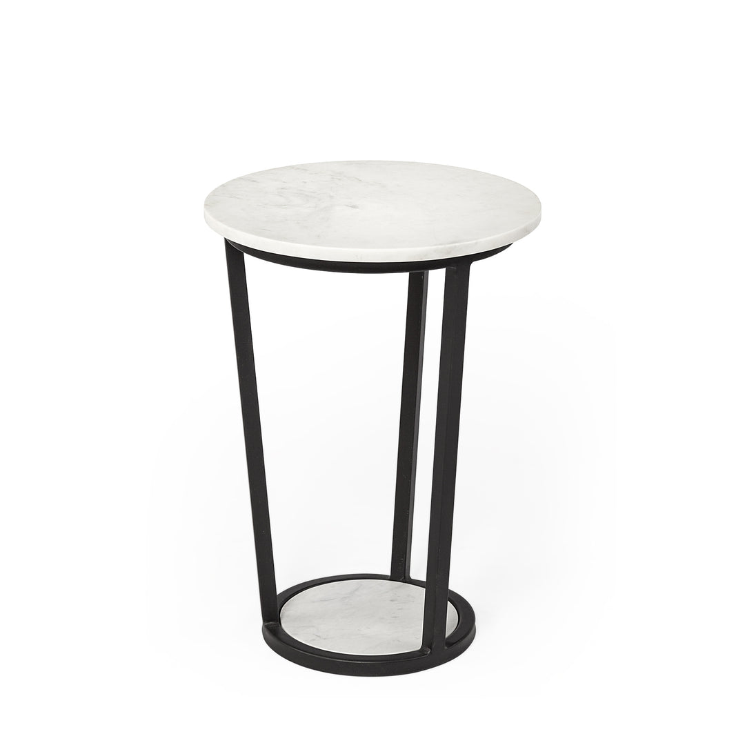 15" Round White Marble Top Accent Table With Black Metal Frame