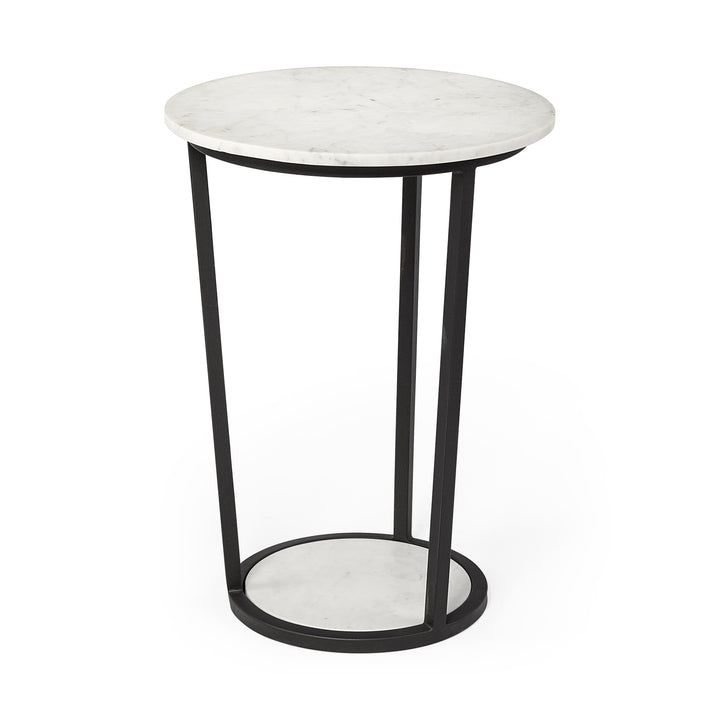 18" Round White Marble Top Accent Table With Black Metal Frame