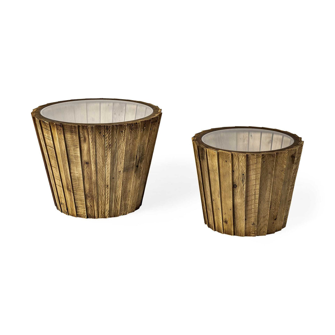 Set Of 2 Light Brown Wood Accent Tables With Glass Round Top