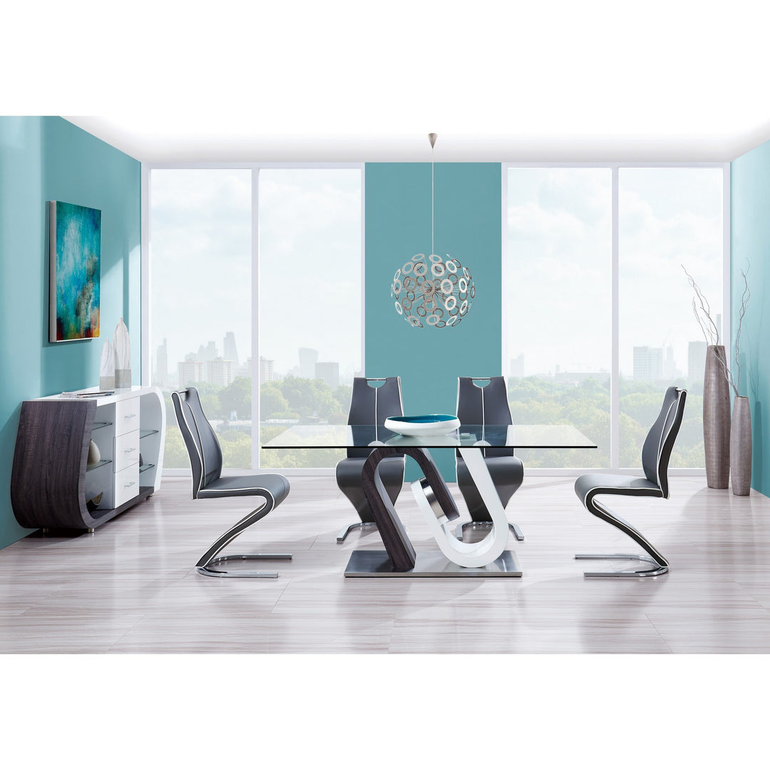 White And Grey Tone Geometrical Base With Rectangular Glass Top Dining Table